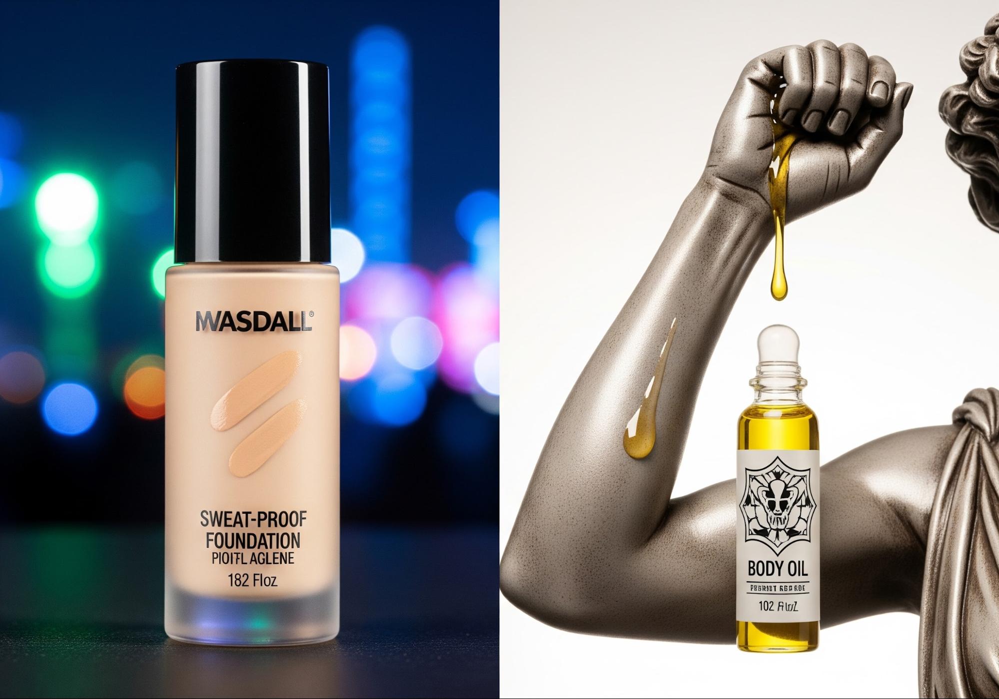 製品の分割ショット：左は、フェスティバルライトの下で自然な輝きを放つ肌の汗に強いファンデーションボトル。右は、ルネサンスの彫像のように輝く引き締まった腕に塗られたボディオイルの小瓶。中世の小瓶のデザインにモダンなラベル、鮮やかな製品写真が特徴です。