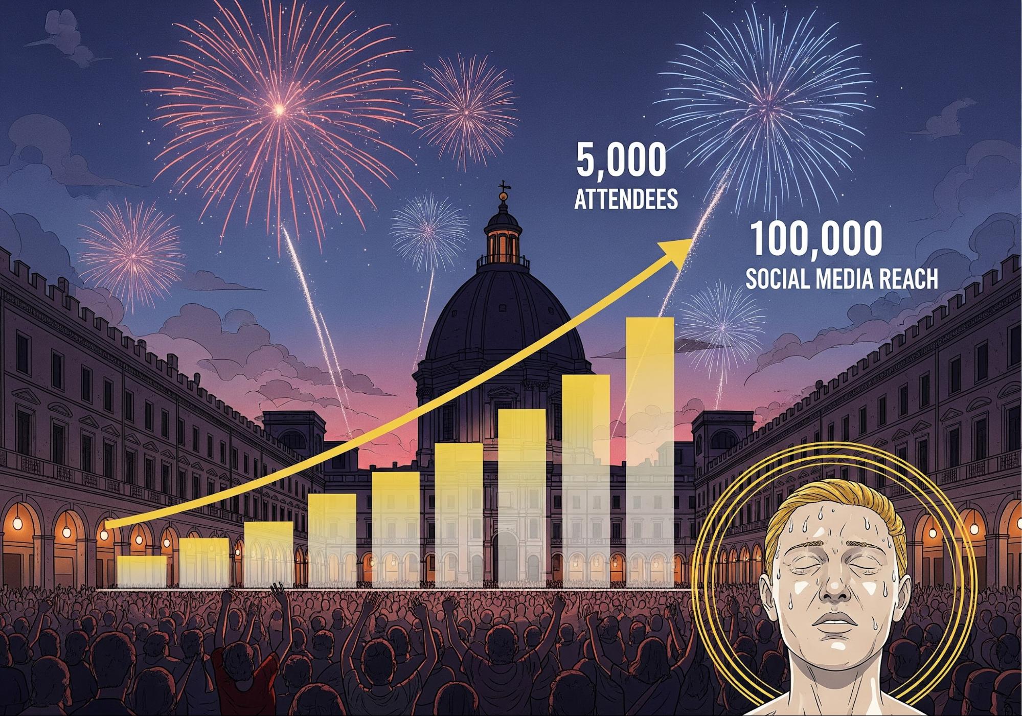 夕暮れ時のルネサンス広場がインフォグラフィック風に描かれ、花火が打ち上げられ、歓声を上げる群衆がいます。その上に、来場者5,000人、SNSリーチ10万人を示す上昇する棒グラフが重ねられています。前景には汗で光る人物が描かれ、エレガントな金色の縁取りが施されています。