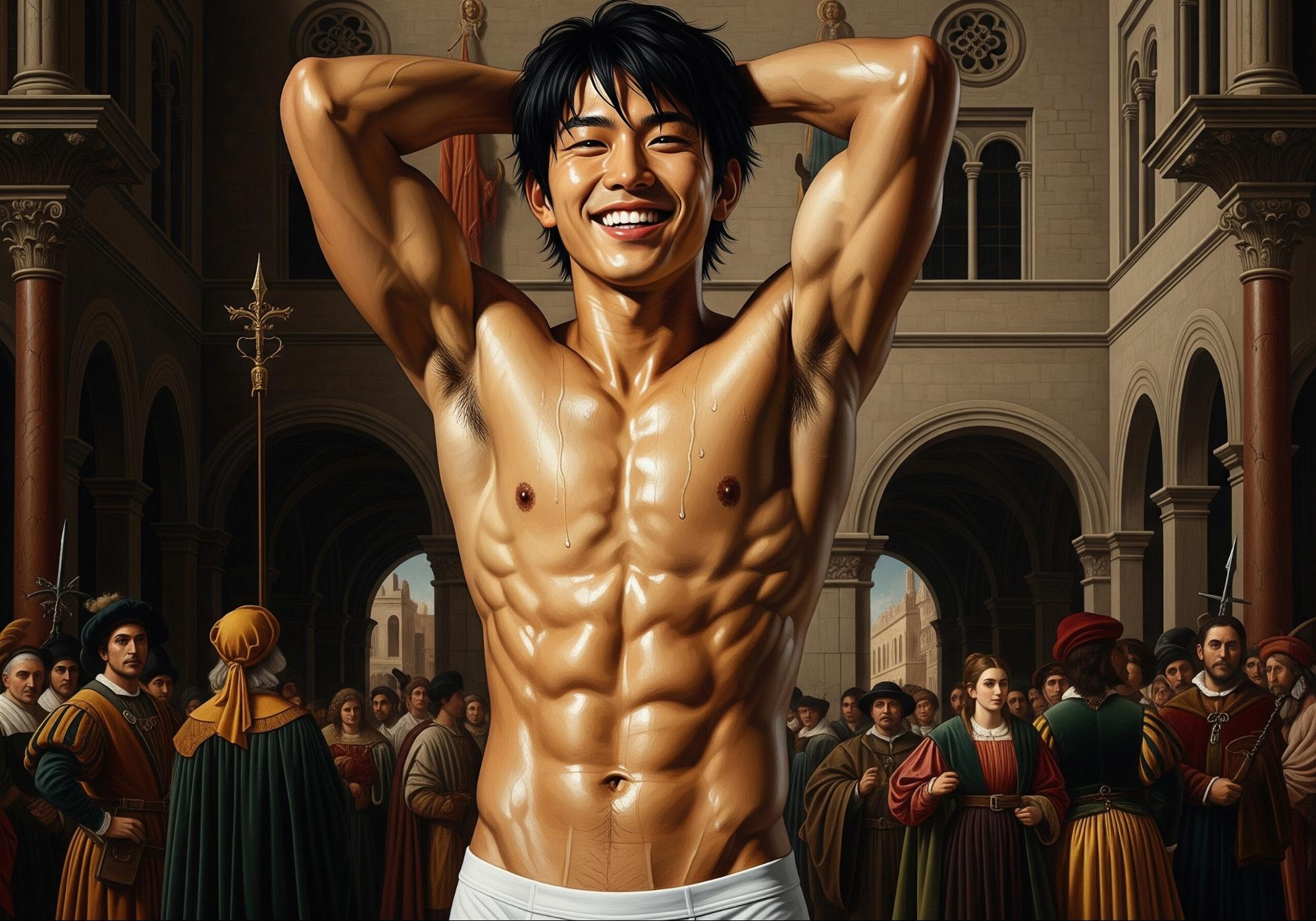 喜びに満ちた若い日本人の男性のクローズアップ。黒髪で白いブリーフを着用し、腕を頭の後ろに上げ、鍛えられた筋肉には汗が玉のようになっています。彼は中世の石造りの建築物と衣装をまとった観衆の中で、輝くような笑顔を見せています。劇的な照明が施された芸術的なルネサンス絵画のスタイルです。