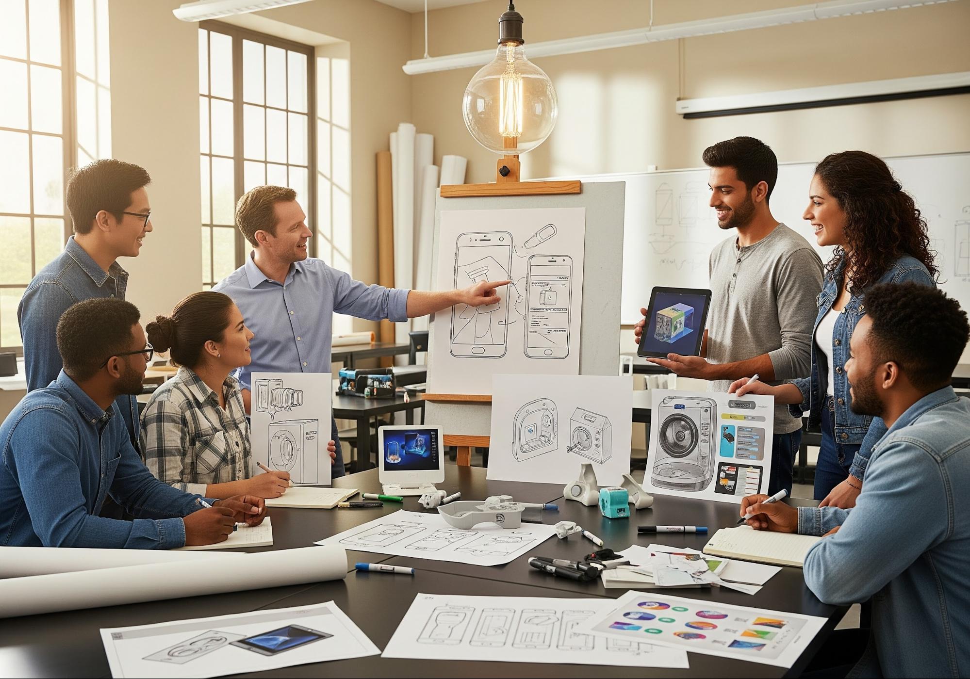 教室のシーンで、教授と学生がイーゼルで製品デザインをブレインストーミングし、モックアップやスケッチに囲まれています。ルネサンスの啓蒙のように頭上に電球が光り、汗と笑顔を伴う協力的なエネルギーに満ちています。