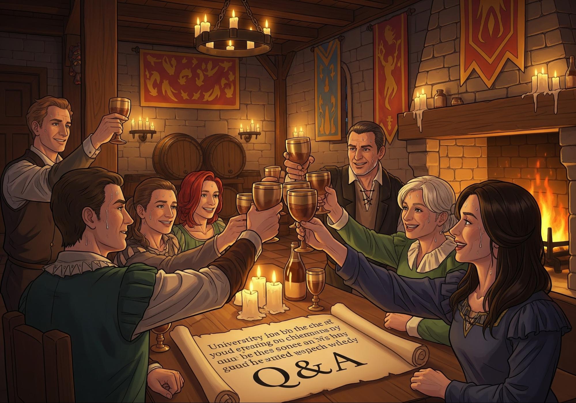 ルネサンスの酒場の設定で、大学職員とメーカーの代表者がゴブレットを鳴らしながら乾杯しています。温かいキャンドルライトと笑い声が響き、Q&A用の開かれた巻物が置かれ、顔には共有された努力を象徴するわずかな汗の輝きがあります。