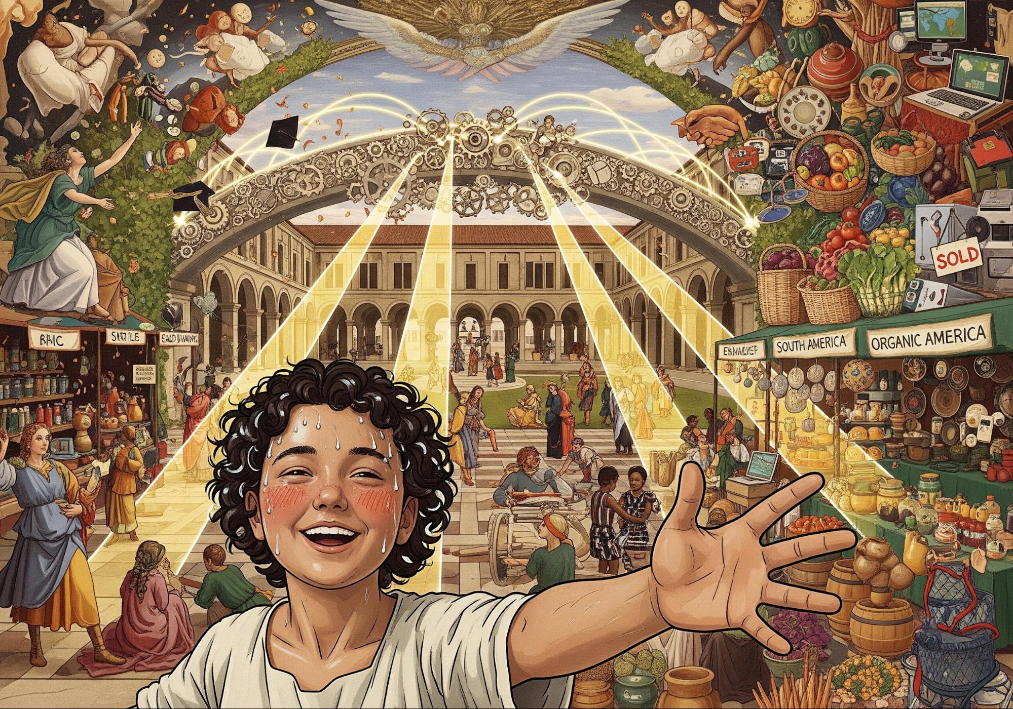 汗をかきながら笑顔を浮かべた若者が、大学の中庭から共同製品が並ぶ世界の市場棚へと橋渡しをする幻想的なコラージュ。祭りの喜びとビジネスの成功を結びつける光線が描かれ、インスピレーションを与えるルネサンスのフレスコ画のようなスタイルです。