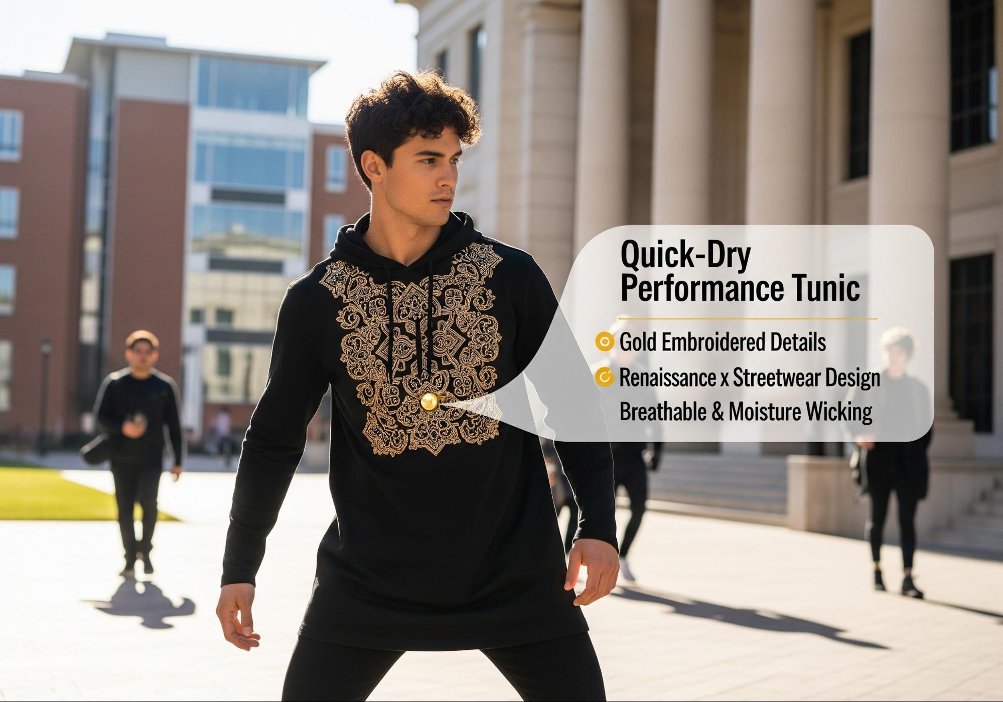 大学のキャンパスでダイナミックにポーズをとる大学生が着ている、速乾性生地に金色の刺繍が施されたモダンなカジュアルチュニックシャツ。汗に強い素材はかすかな輝きで強調され、ルネサンス風のパターンがストリートウェアとブレンドされています。製品の仕様がラベルとして浮遊しています。