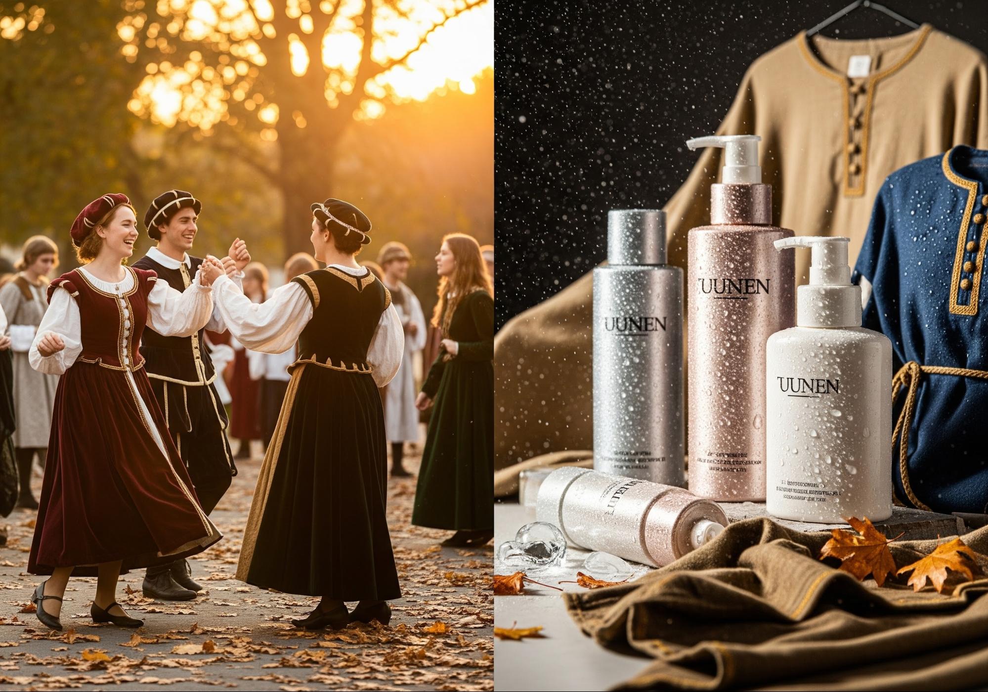 活気ある大学祭の光景。左側にはルネサンスの衣装を着た学生たちが踊り、笑っています。右側には、輝くスキンケアボトルやカジュアルなチュニックのような現代的な製品のモックアップが示されており、汗のしずくが宝石のようにきらめき、温かい秋の色合いが特徴です。