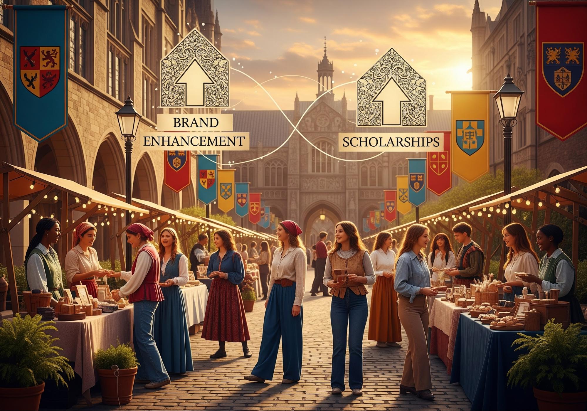 大学のキャンパスがルネサンスの市場に変わり、バナーが掲げられ、学生の販売員が共同製品を販売しています。「ブランド向上」と「奨学金」のアイコンを示す上向きの矢印。多様な笑顔の学生が商品を交換し、夕暮れ時の黄金色の光が差し込んでいます。